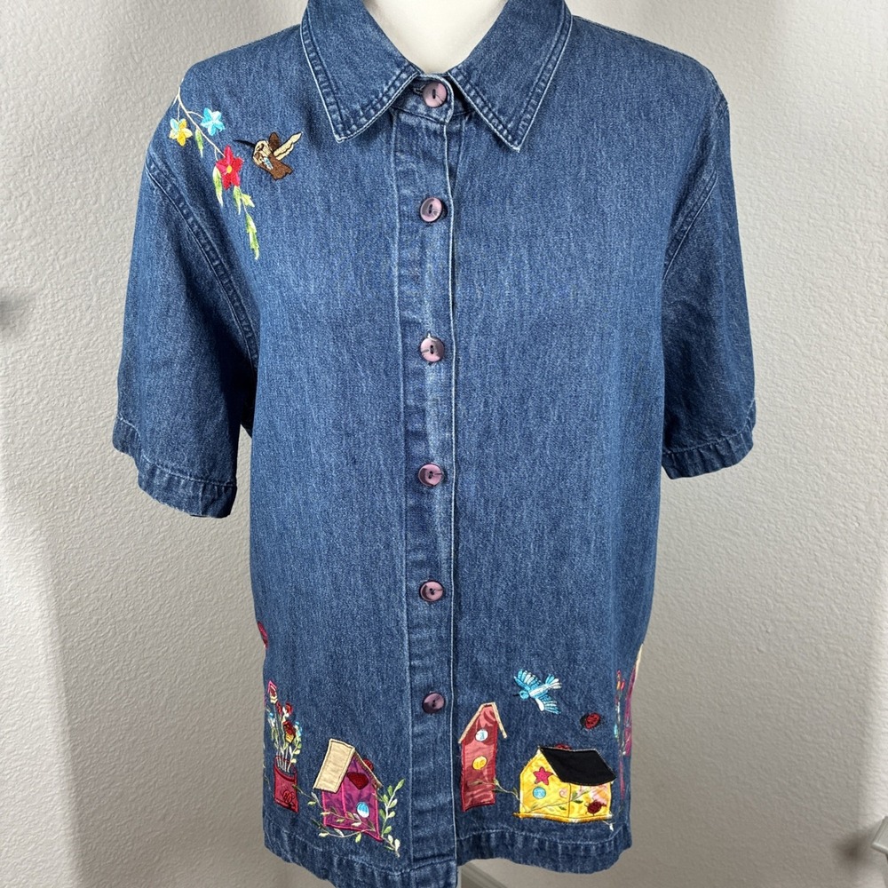 Vintage Keren Hart Women's XL Denim Shirt Embroidered Floral Birds Cottage Teach